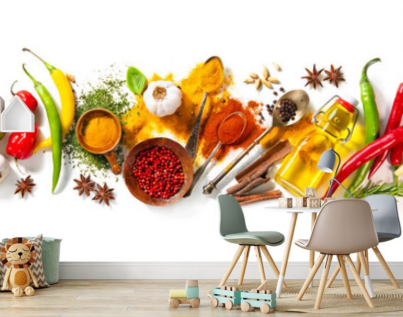 Herbs and spices on white background