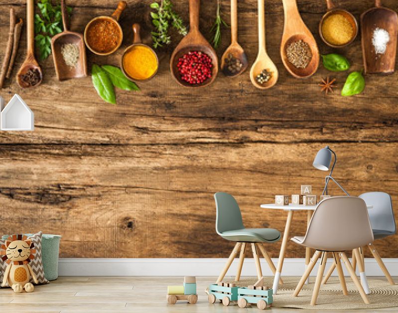 Colorful spices on wooden table