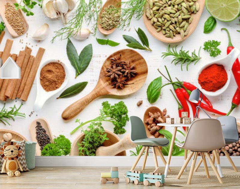 Various herbs and spices flat lay