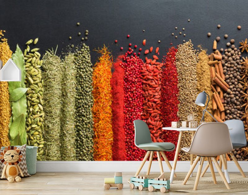 Colorful collection spices and herbs on background black table. Mediterranean condiments for decorating packing with food.