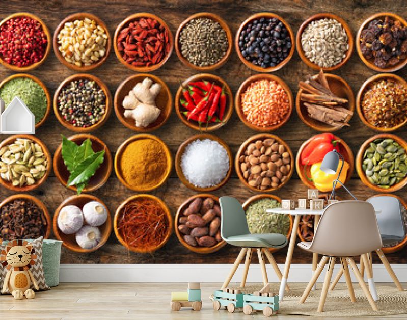 Colourful background from various herbs and spices for cooking in bowls