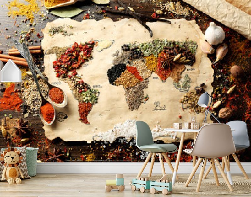 Map of world made from different kinds of spices