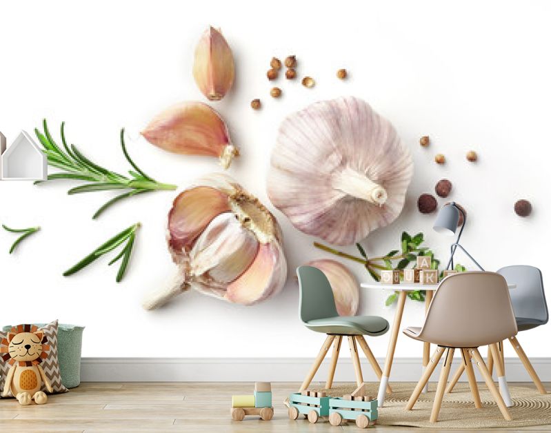 garlic and herbs on white background