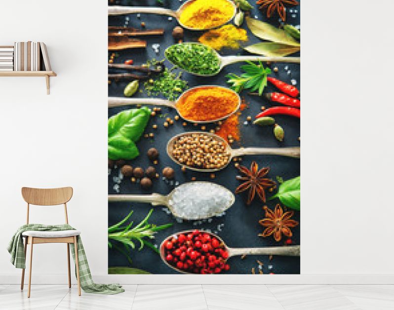 Various herbs and spices on dark background