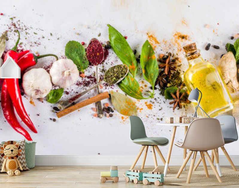 Various herbs and spices on white background top view copy space