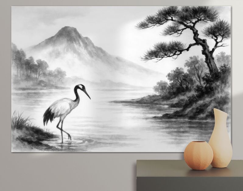 Japandi landschap met kraanvogel en bergen