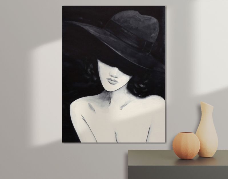 Sensueel vrouwelijk aquarel portret met grote hoed