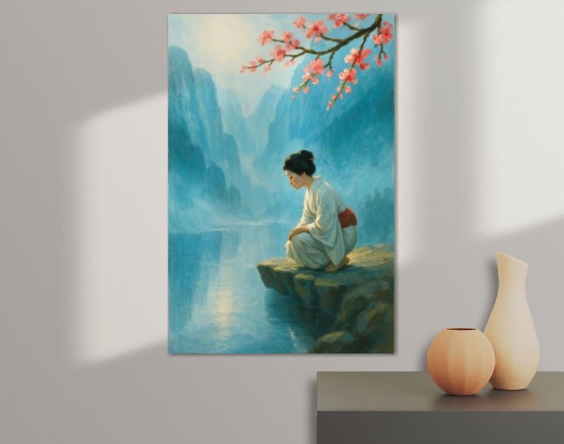 Japanse vrouw bij rivier met kersenbloesem