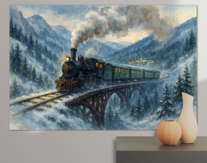 Winterse stoomtrein over brug in berglandschap