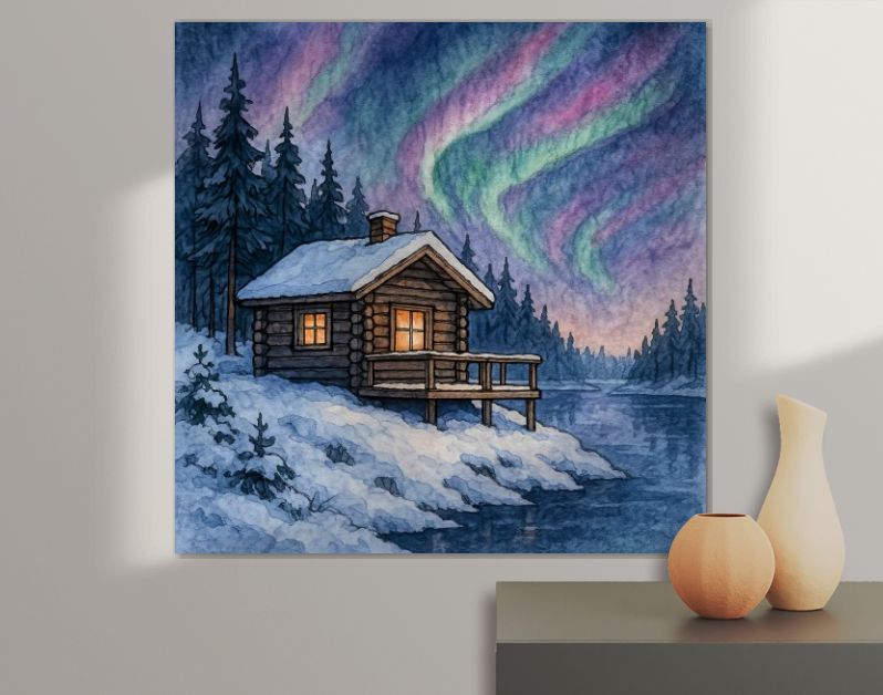 Houten blokhut aan het water met noorderlicht in Noorwegen