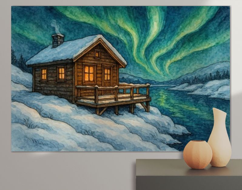 Houten huisje aan het water in Scandinavië bij noorderlicht