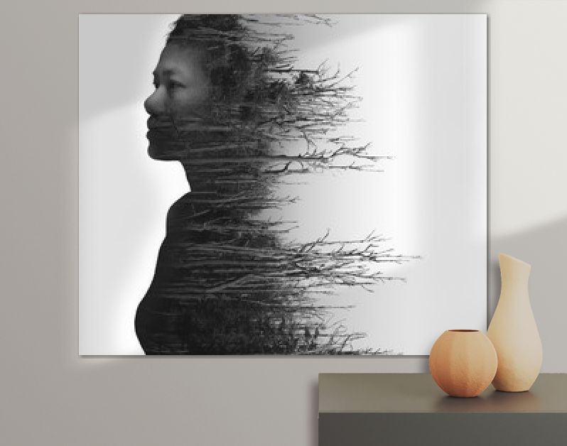 Dubbel belichtingsportret van jonge vrouw en gedroogd bos