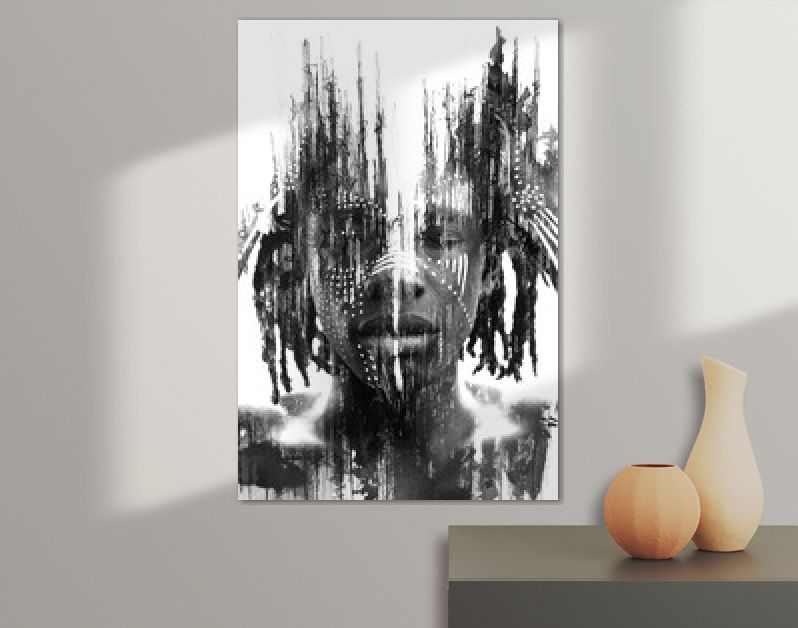 Paintografie. Expressieve Afrikaanse man gecombineerd met dramatische dubbele belichtingstechnieken en met de hand getekende schilderijen