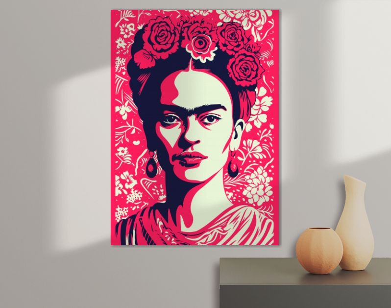 Het Iconische Gezicht, Frida's Kracht in diep rood en zwart