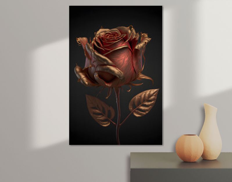 mooie gouden majestueuze robijnrode terracotta roos, donkere achtergrond, illustratie digitale generatieve ai ontwerp kunststijl