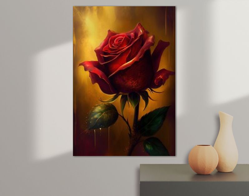 Majestueuze robijnrode rode roos gouden magische magestische achtergrond. Liefde. Concept kunstlandschap. Boek illustratie. Scène met videogames. Serieus digitaal schilderen. CG Kunstwerk Achtergrond. Generatieve AI