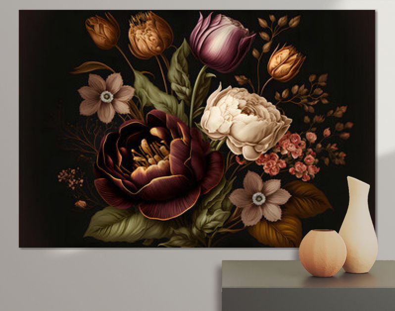 vintage mooie retro bloem, roos en tulp, donkere achtergrond, illustratie digitale generatieve ai ontwerp kunststijl