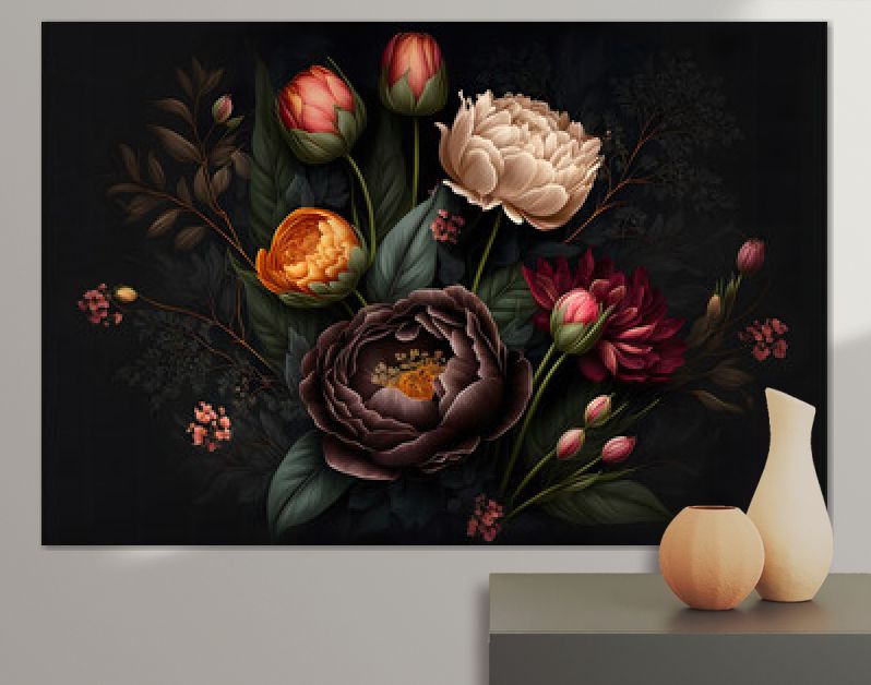 vintage mooie retro bloem, roos en tulp, donkere achtergrond, illustratie digitale generatieve ai ontwerp kunststijl