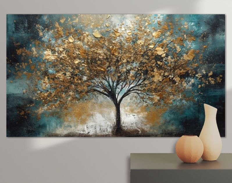 goud en blauw abstracte winterboom kunst aan de muur