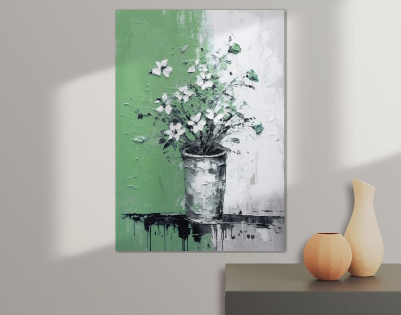 Bloemenpracht in Groene Vaas Iconische Impasto in Zwart-Wit