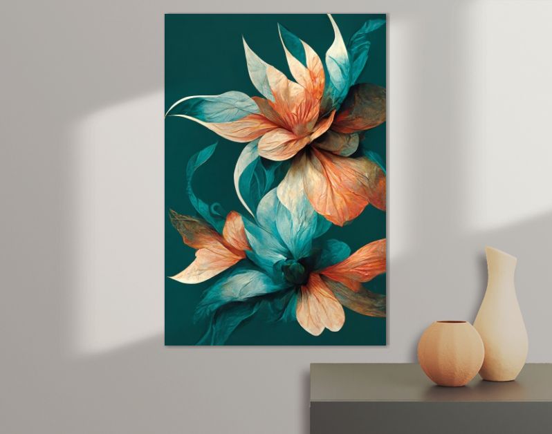 Creatief abstract bloemmotief Aqua Zalm kleuren