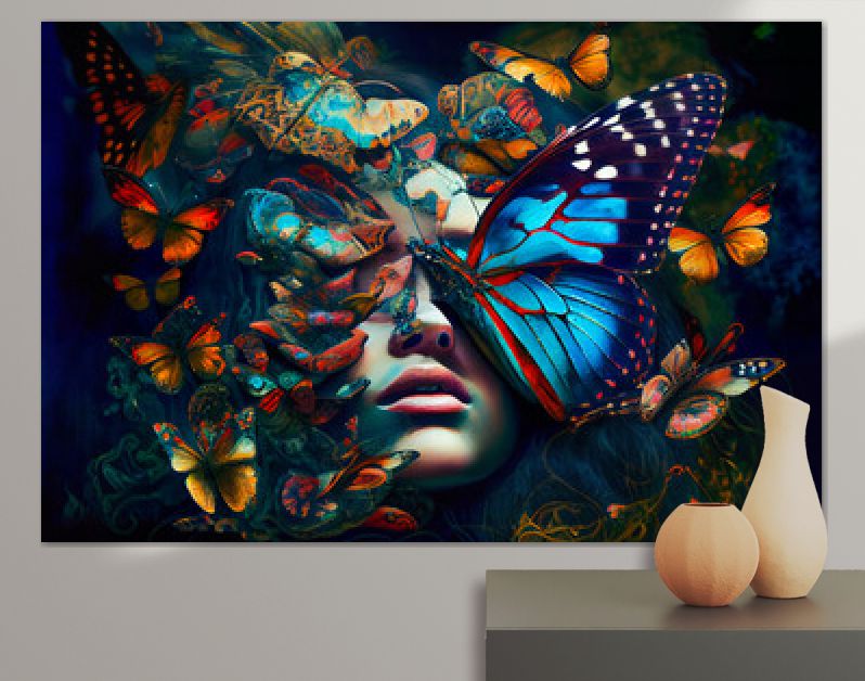 Portret van een vrouw met vlinders. Generatieve AI.