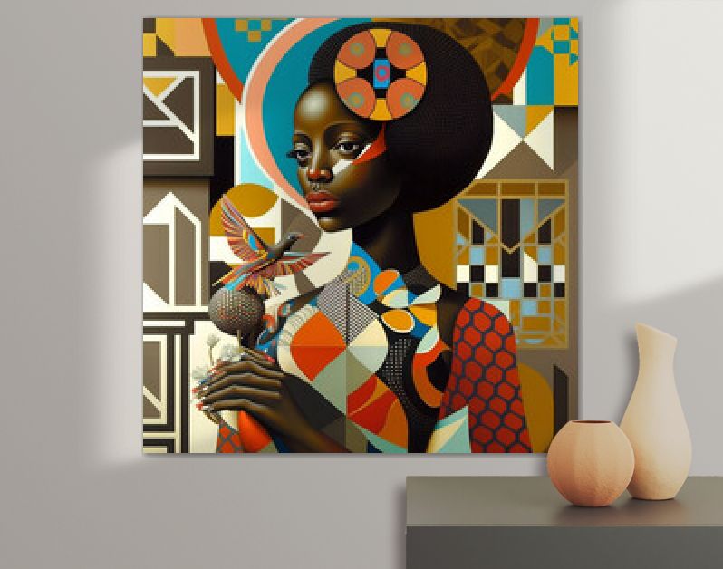 Zwarte vrouw gemaakt van vierkanten, cirkels, alfabetten, poka dots, lijnen, bloemen en Afrikaanse patronen, moderne architectuur op de achtergrond, generatieve ai