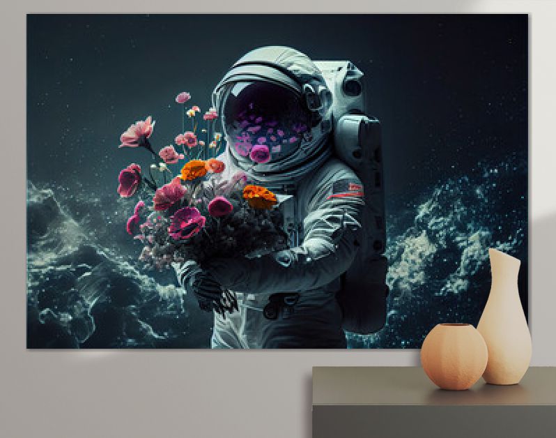 een man in een ruimtepak met een bloem, generatieve AI