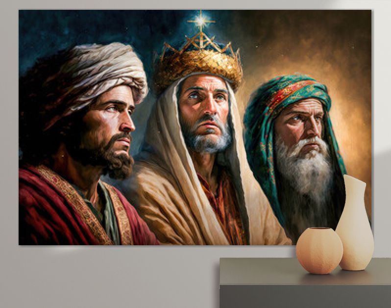 Driekoningen Bethlehem met Maria en Jozef en Baby Jezus gemaakt met Generative AI Digital Art Illustration Sketch