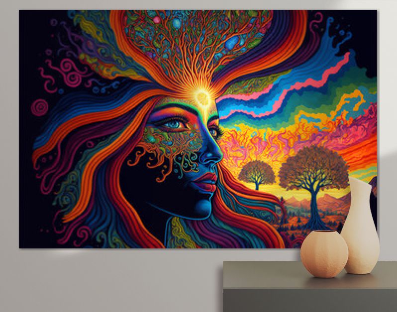 psychedelisch portret mens, Kleurrijk psychedelisch portret van een abstracte vrouw, Kleurrijk psychedelisch portret van een abstracte man. Digitale kunst Psychedelisch portret van een hippievrouw. Generatieve AI