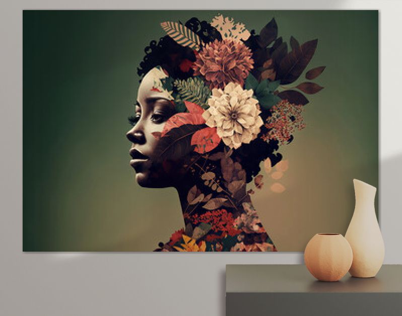 Portret van een vrouw met veel bloemen. Abstract trendy kunstdocument collageontwerp. generatieve ai