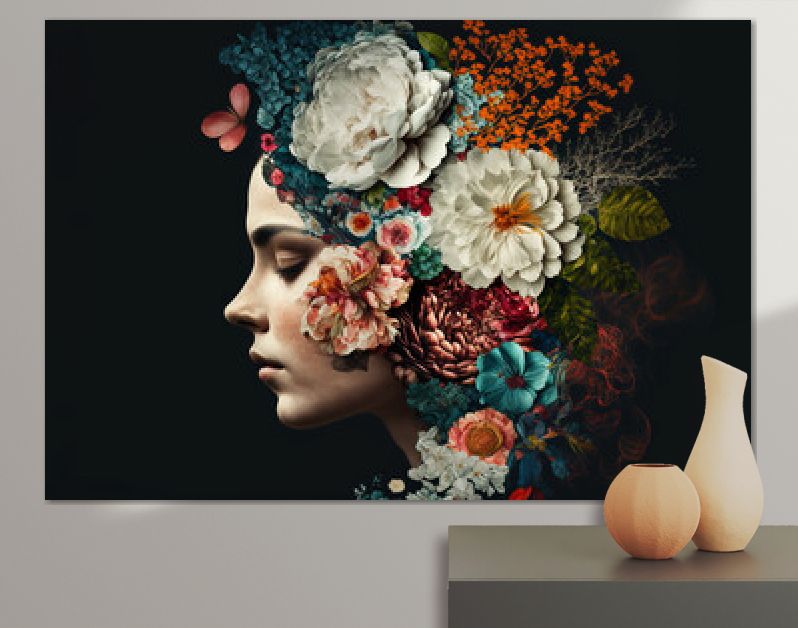 Portret van een vrouw met veel bloemen. Abstract trendy kunstdocument collageontwerp. generatieve ai