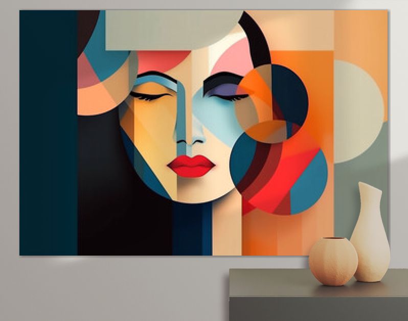 Schoonheid, beeldende kunst, modeconcept. Abstracte moderne kunstcollage van vrouwenportret gemaakt van verschillende en kleurrijke geometrische vormen. Generatieve AI