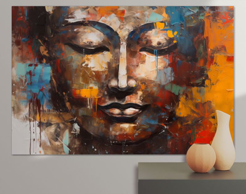 Olieverfschilderij Boeddha gezicht met abstracte textuur op de achtergrond. Generatieve ai muurschildering, meditatie en kunstconcept.