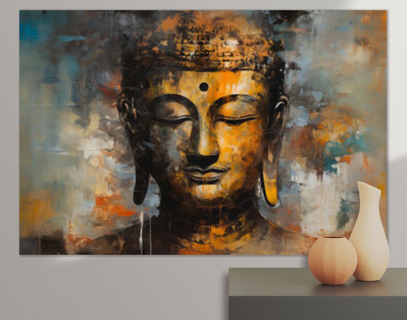 Olieverfschilderij Boeddha gezicht met abstracte textuur op de achtergrond. Generatieve ai muurschildering, meditatie en kunstconcept.