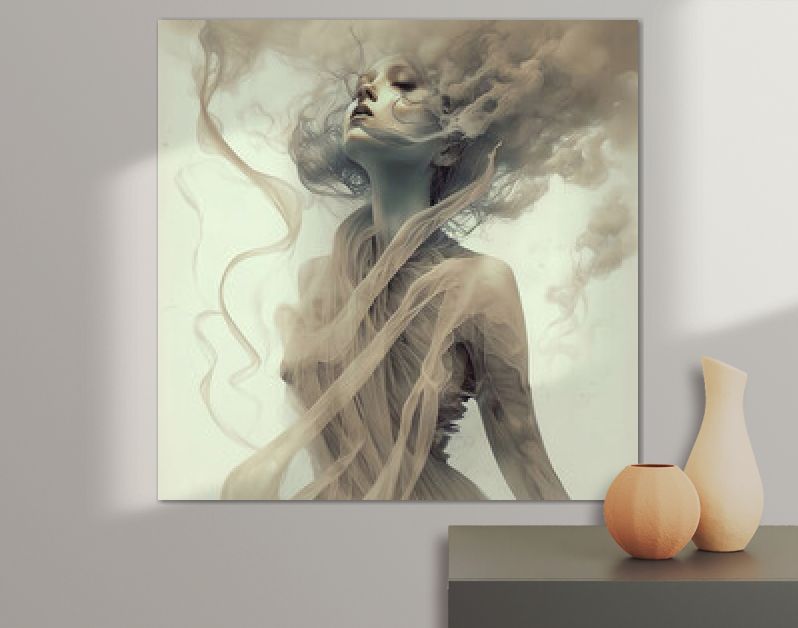 Mooie wervelende rokerige magische geest vrouw, geïsoleerd op een witte achtergrond. [Digital Art Painting, Sci-Fi Fantasy Horror Achtergrond, Graphic Novel, Ansichtkaart of Productafbeelding]