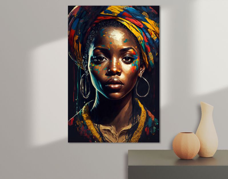 Abstract schilderconcept. Kleurrijk kunstportret van een zwarte vrouw. Afrikaanse cultuur. Generatieve AI.