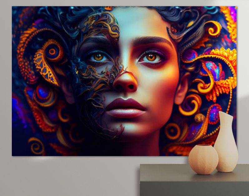 Mooie vrouw surrealistisch portret met bloemen en vlinders. Generatieve AI.