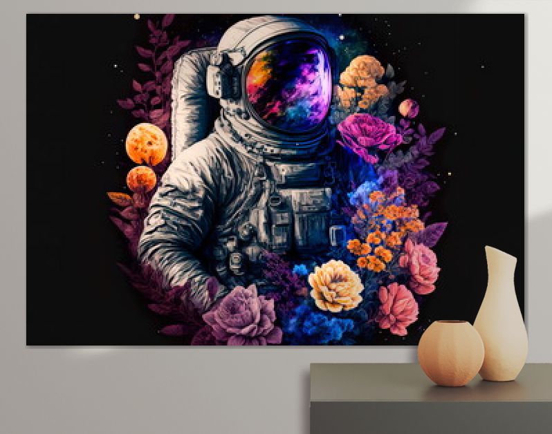 Astronaut op een achtergrond bloemen van en planeten. Ontwerp voor fotolijst, poster, brochure en sciencefiction. Generatieve AI