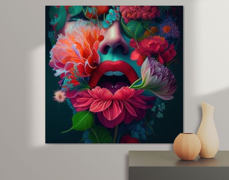 Vrouw gezicht bedekt met kleurrijke bloemen, open mond, rode lippenstift. AI gegenereerd.