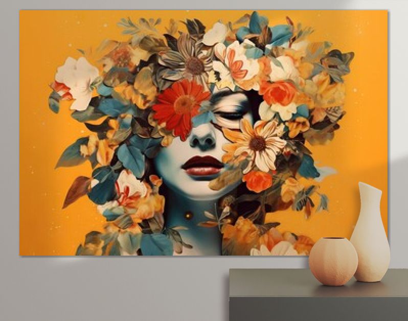 Het abstracte hedendaagse kunstcollageportret van een jonge vrouw met bloemen op het gezicht verbergt haar ogen. Generatieve AI