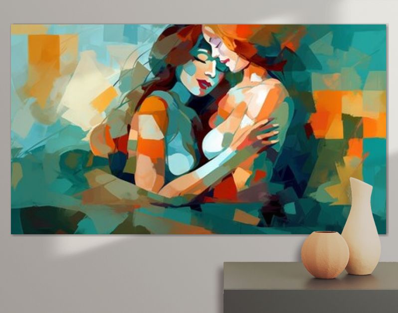 Schilderij van naakt lesbisch koppel dat knuffelt