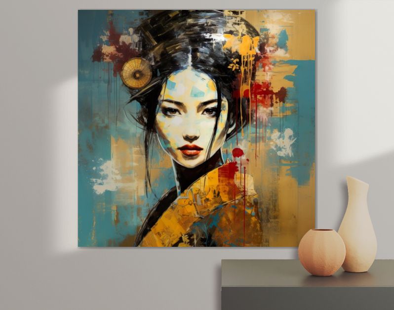 Geisha grace vintage elegance in steel blue and warm ocher