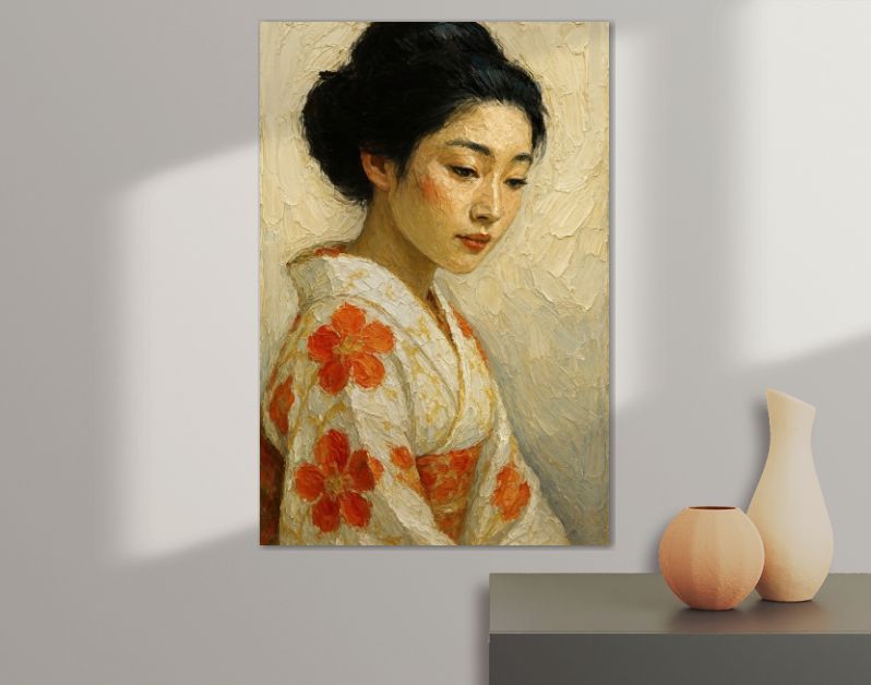 Japanse geisha in kimono met oranje bloemen