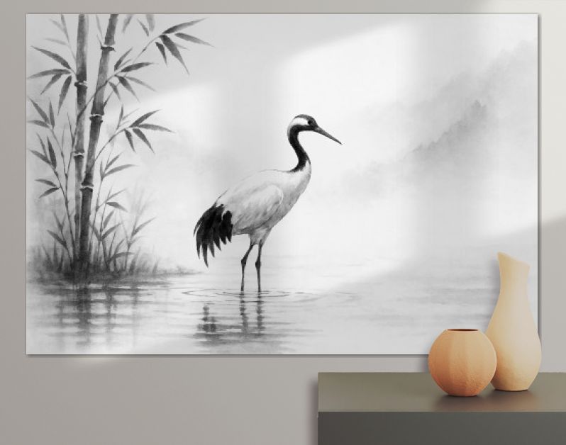 Kraanvogel aan de rivier in Japanse inkstijl