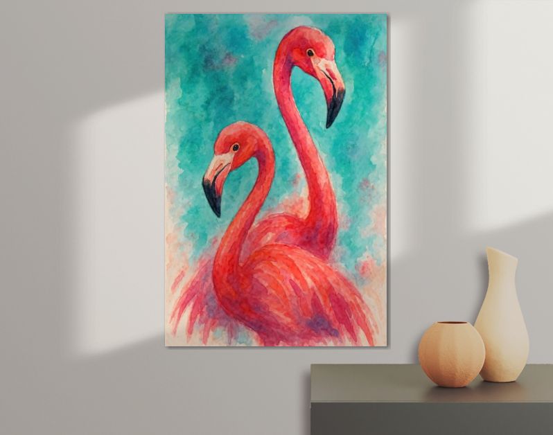 Twee roze flamingo’s tegen tropische turquoise achtergrond