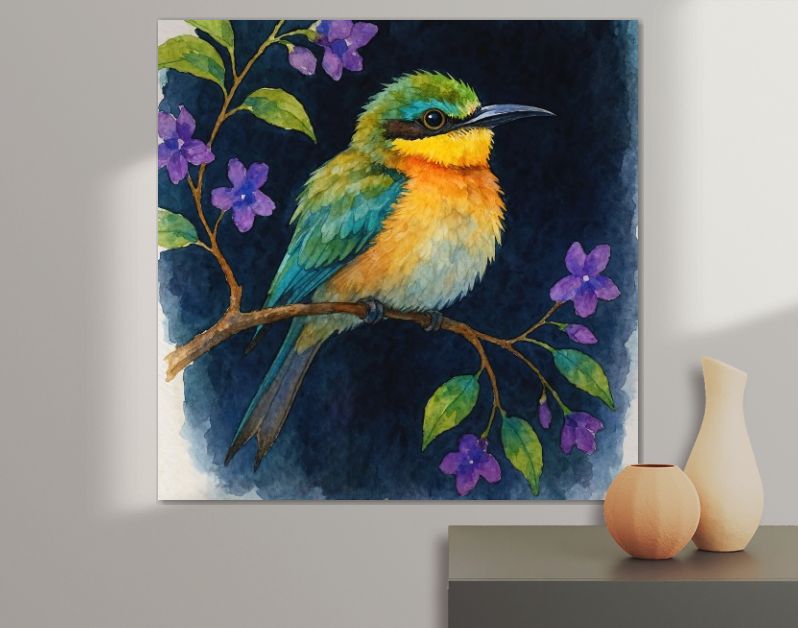 Tropische bijeneter vogel op tak met paarse bloemen