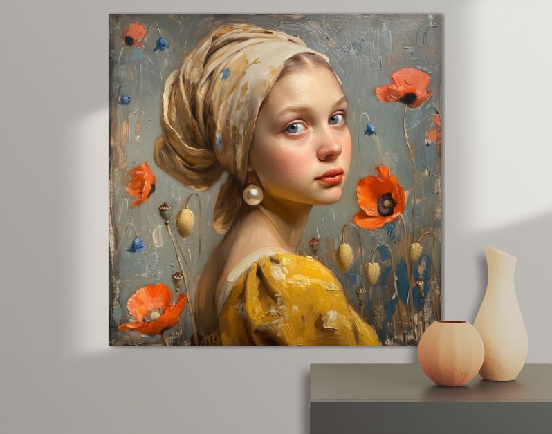 Meisje met parel en bloemen