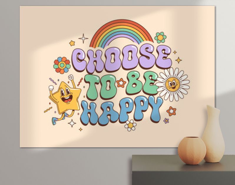 Groovy hippie quote Choose to Be Happy with retro 70s funky characters, vector banner. Hippie quote text with groovy rainbow and quirky daisy flower with comic star smile in 60s or 70s art background