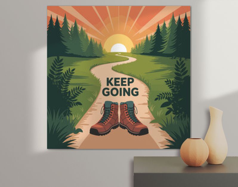 Inspirational motivational poster featuring hiking boots on a winding forest path under a vibrant sunrise promoting perseverance and encouraging quotes to keep going vector